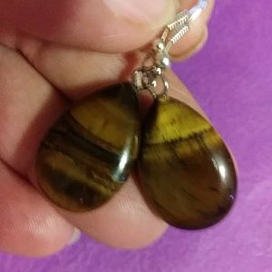 NWT-LOWEST; TIGER'S EYE TEARDROP EARRINGS STERLING.13/4"L